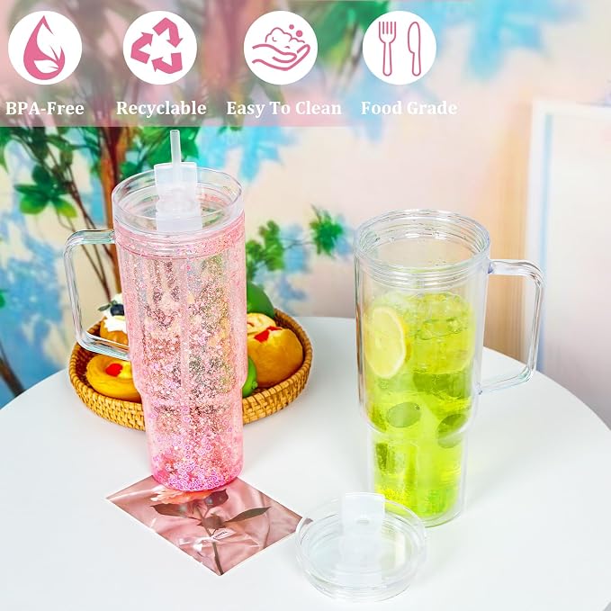 40 Oz Acrylic Snowglobe Tumbler with Handle, 2 Pack Pre-Drilled Double Wall Acrylic Clear Cup Tumbler for Glitter Snow Globe Diy