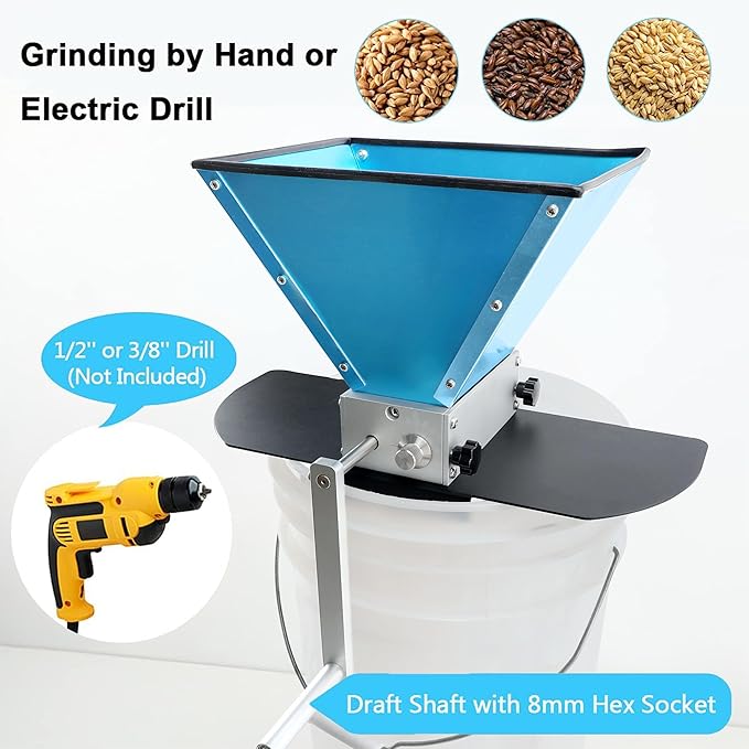 Grain Mill Brewing for Grain Malt Barley, Malt Mill for Homebrew Beer, Grain Crusher Grinder with 7.7LB Hopper 2 Stainless Steel Bearing Rollers and Steel Metal Base, Fit Electric Drill