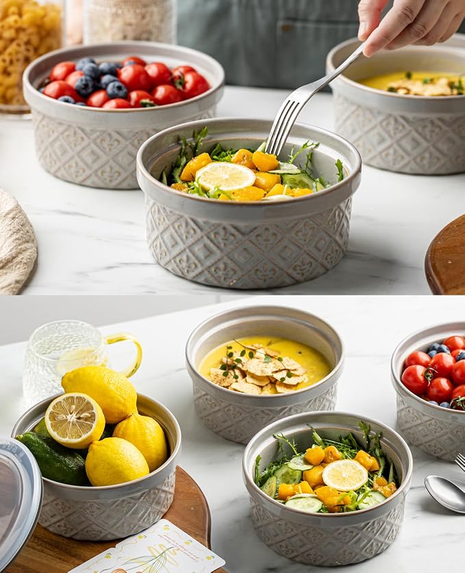 16 oz Ramekins with Lids Oven Safe, Ceramic Ramekins for Baking, Creme Brulee, Embossed Pudding Custard Ramekins for Souffle, Porcelain Baking Bowls Set of 4, Gray