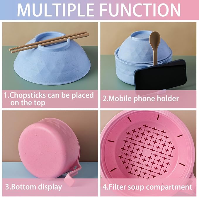 2 Sets Microwave Ramen Bowl 40 oz Wheat Fiber Portable Instant Noodle Cooker Bowl with Handles Strainer Spoon Chopstick Fork College Dorm Room Apartment Essentials(Pink, Light Blue)