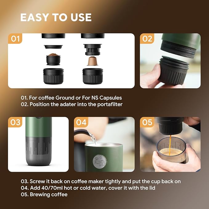 Portable Electric Espresso Machine, Travel Coffee Maker for Camping, Car Coffee Maker Self-Heating with USB-C, 20 Bar Coffee Maker With Ground Coffee & NS Capsule for RV, Hiking, Office(Green)
