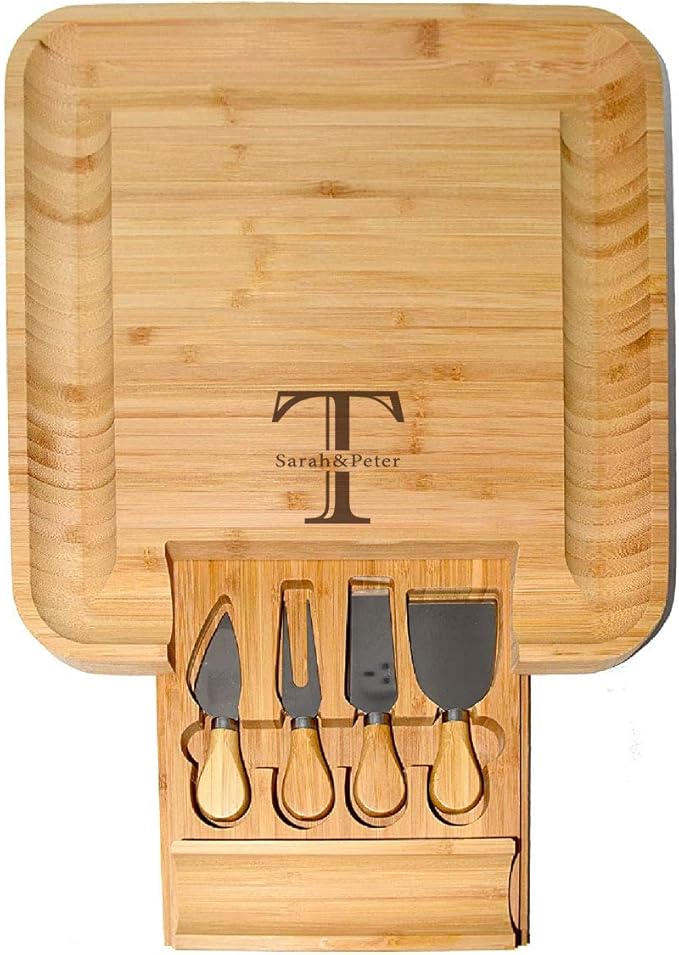 BT Trendz Personalized Charcuterie Board/Customized Bamboo Cheese Board/Serving Tray and Knife Set - Perfect Corporate, Wedding, Closing, Realtor, Birthday, Housewarming Gift - Gift for Dad/Mom (08)