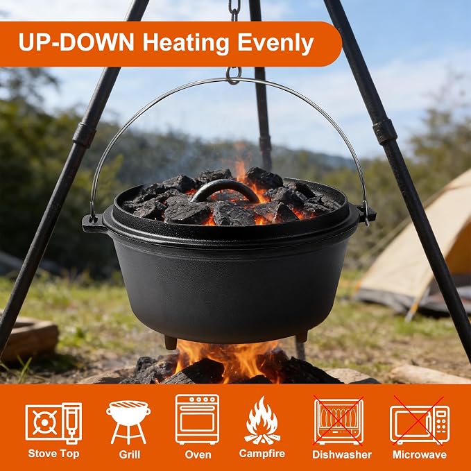 Pre-Seasoned Cast Iron 8QT Camp Dutch Oven with Lid, Large Camping Dutch Oven Pot, incl. Lid Lifter - Dual Handles - for Outdoor Campfire, Grill, Oven & Stovetop Cooking-Black