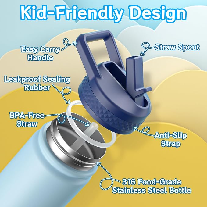 baab 20oz kids Water Bottle, Insulated Water Bottle with Straw & Stickers, 18/8 Stainless Steel Vacuum Leakproof kids Water Straw Cup for School, Perfect for Boy Girl (Navy Blue+Light Blue, 2 Pack)