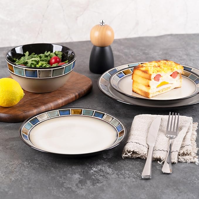 12 Piece Stoneware Dinnerware Set for 4, Vintage Blue & White with Square Rim Handmade Ceramic Plates and Bowls, Scratch Resistant Dish Set, Microwave & Dishwasher Safe Porcelain Kitchen Dishes