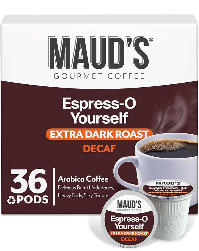 Maud's Decaf Espresso Roast Coffee Pods, 36 ct, Decaffeinated Dark Roast Single Serve Pods – 100% Arabica Coffee, Compatible with Keurig K Cups Maker