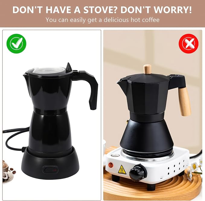 Coffee Pot Electric Espresso Coffe Maker, 300ml 6 Cups Aluminum Moka Pot with Overheat Protection and Detachable Base, Portable Italian Moka Maker, 450W, Black