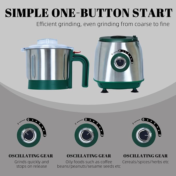 Versatile Kitchen Grinder | 500W Electric Mill | Grinds Spices, Nuts, Grains, Coffee | 3 Stainless Steel Blades | Dry Use (Green)
