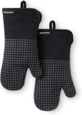KITCHENAID Gourmet Series Gridlines Oven Mitts 2-Pack Set, Heat Resistant up to 600°F, Soft Silicone Grip, Magnetic Cuff, Matte Black, 7"x14"
