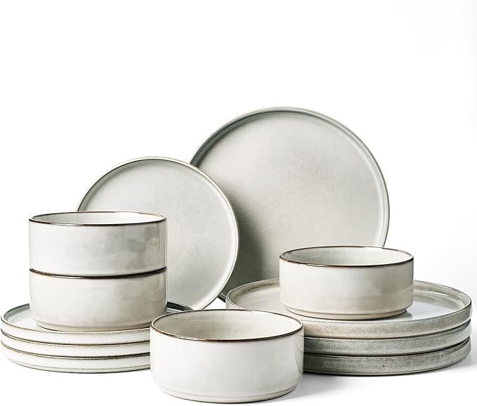 Famiware Annecy Plates and Bowls Sets, 12 Pieces Dinnerware Sets, Microwave and Dishwasher Safe Dishes Set for 4, Chip and Scratch Resistant, Grey White