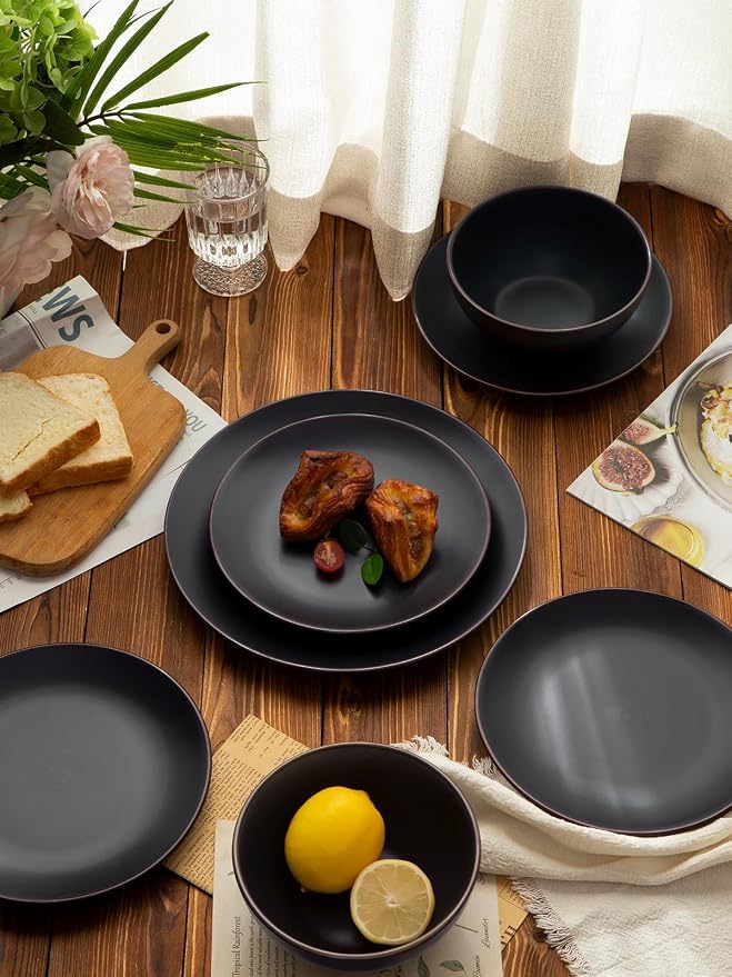 Famiware Venus Plates and Bowls Sets with Trim, 18 Pieces Stoneware Chip‑Resistant Dinnerware Set for 6, Matte Black - Modern Minimalist Dishes, Microwave/Dishwasher Safe for Everyday & Formal Dining