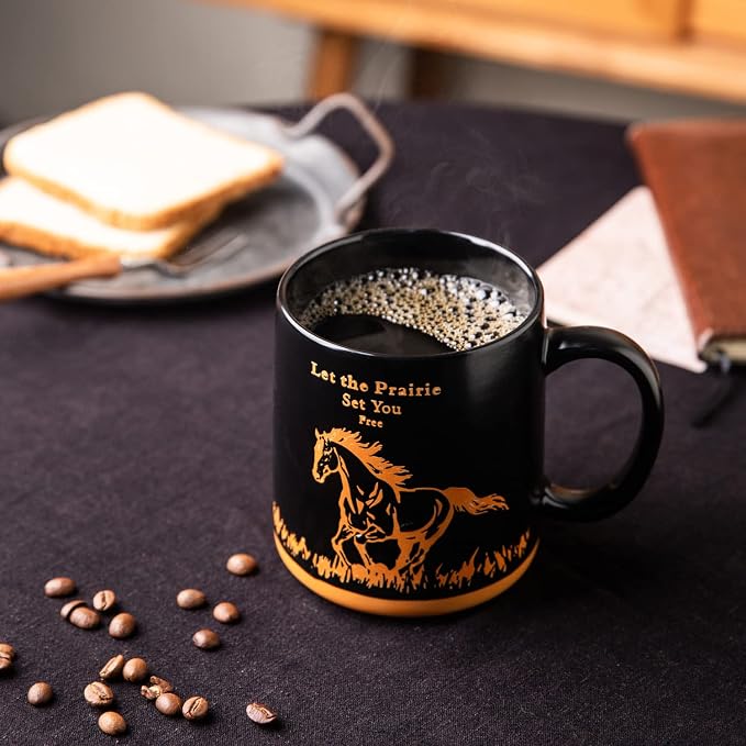 AmorArc 18oz Large Coffee Mugs Set of 6, Ceramic Coffee Mugs with Animal Wildlife Textured Patterns for Tea Latte Cocoa. Easy to Hold&Clean, Dishwasher&Microwave Safe, Matt Black