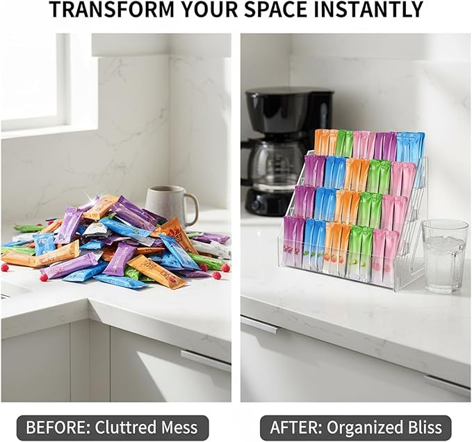 4-Tier Acrylic Drink Packet Organizer with 20 Compartments, Sugar Packets Drink Mix Organizer, Water Flavor Packet Holder for Kitchen Pantry Cabinet Storage Coffee Station