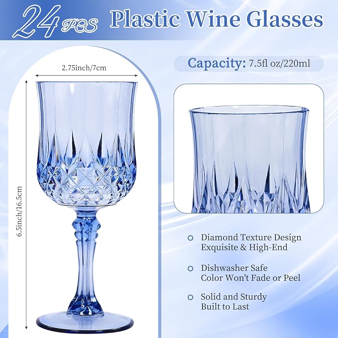 24 Pack Light Blue Plastic Wine Glasses, Vintage Plastic Goblets for Parties, Drinking Glasses Unbreakable Glassware Crystal Water Goblets Reusable Drinkware for Wedding Reception Grand Event Party