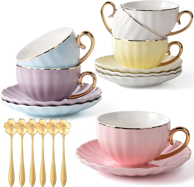 ICHAG 18-Piece Bone China Cup and Saucer Set, 7.7oz Pumpkin Coffee Cups with Golden Trim & Spoons, Heat Resistant Porcelain Mugs for Afternoon Tea, Home, Office, Party & Gifting