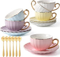 ICHAG 18-Piece Bone China Cup and Saucer Set, 7.7oz Pumpkin Coffee Cups with Golden Trim & Spoons, Heat Resistant Porcelain Mugs for Afternoon Tea, Home, Office, Party & Gifting