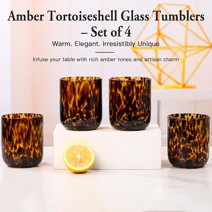 Tortoise Shell Drinking Glasses Set of 4, Brown Decorative Tortoise Shell Tumbler Cups for Wine & Drinks，Drinking Glasses for Wedding Gifts, Housewarming, Cocktail Party (4, 10oz)