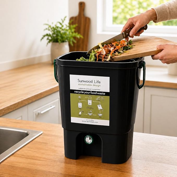 Indoor Bokashi Composter Starter Kit, 2.2 lb Premium Bokashi Bran Included, Easliy Turn Your Kitchen Wastes into Nutrition for Your Garden Soil (Black)