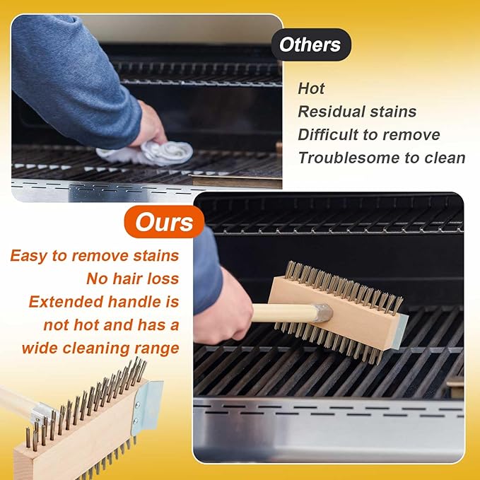 2 Pcs Stainless Steel Grill Brushes, Grill Scraper with 30'' Long Wooden Handle Commercial Oven Charbroiler Cleaning Brush for Outdoor Kitchens BBQ Restaurants