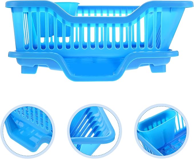 IMIKEYA Sink Dish Rack Drainer Plastic Dish Drying Draining Rack Over The Sink Kitchen Tableware Drying Basket with Cutlery Holder for Kitchen Counter Blue