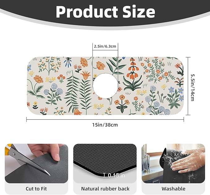 2Pcs Dish Drying Mats Faucet Mats Sets Large Size Coffee Mats Sink Faucet Mat Splash Guard for Kitchen Counter Bathroom Sink Coffee Bar Kitchen Decor (Wildflowers 2, 18"x24" 15" x 5.5"Set)