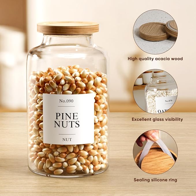 2 PCS Flour Sugar Storage Containers Glass, Large Glass Food Storage Jars with Wood Airtight Lids, 132 Pantry Labels and 2 spoon for Coffee, Flour, Sugar, Spice (98 oz/2800 ml)
