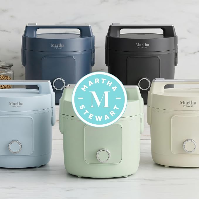 Martha Stewart Rice Cooker, 4 Cup (Uncooked) / 8 Cup (Cooked), Ceramic Non-Stick Removable Pot, Keep Warm, Measure Markings, Steam Basket, Brown & Sushi Rice, Quick Cook, Quinoa, Grains, Oats, Indigo Blue