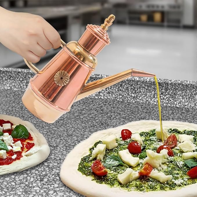 ikasus Olive Oil Dispenser Bottle, Retro Classic European Handmade Copper Oil Pot, Drip Free/Everyday-use Oil Vinegar Cruet, for Kitchen Restaurant Pizza Shop and Bakery, Gold, 450ML