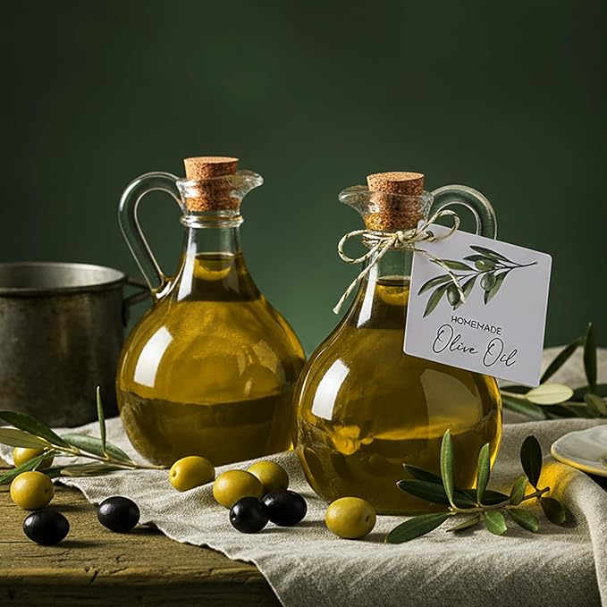 Vesici 20 Set Olive Oil Bottle with Stopper Mini Glass Oil Cruet Dispenser with Label Vinegar Bottle with Spout for Kitchen Salad Dressing Syrup Container for Wedding Baby Shower Favors(8.5 oz 3)