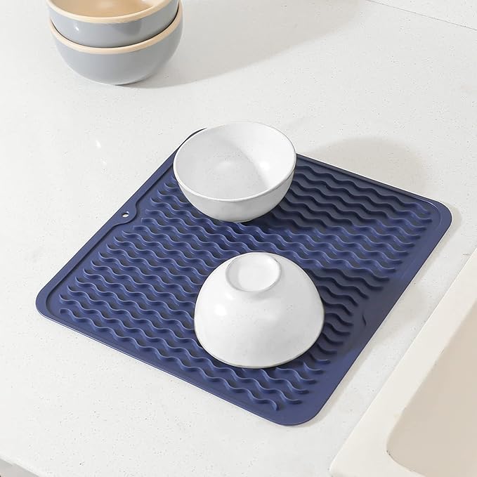 MicoYang Silicone Dish Drying Mat for Multiple Usage,Easy clean,Eco-friendly,Heat-resistant Silicone Mat for Kitchen Counter or Sink,Refrigerator or Drawer liner Navy Blue M 12 inches x 12 inches