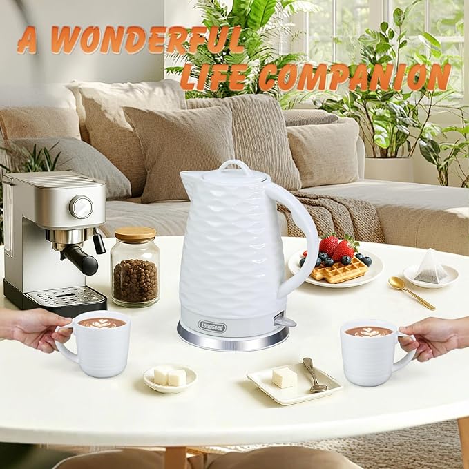 Ceramic electric kettle,1.5L/1000w, white electric tea kettle， Automatic Shut-Off, BPA-Free, Boil-Dry Protection, suitable for coffee, tea, quick boiling, with wave texture design