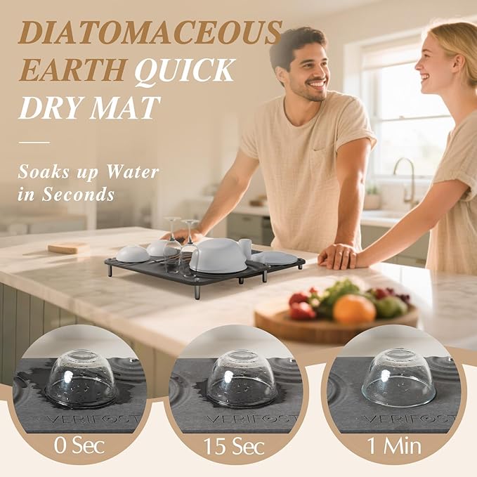VERIFOST 2 Pcs Large Gray Stone Dish Drying Mat with Acacia Wood Holder Stand for 1 Inch Cutting Board and Fast Stone Drying Mat for Kitchen Counter with Non-slip Feet