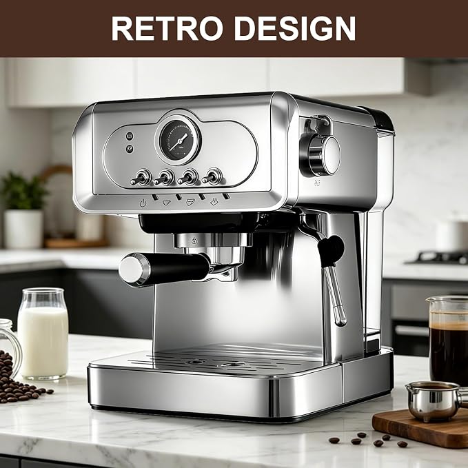 Espresso machine 20 Bar, Espresso Maker with Powerful Steam Milk Frother, Stainless Steel Coffee Machine with Fast Heating System for Latte, Cappuccino