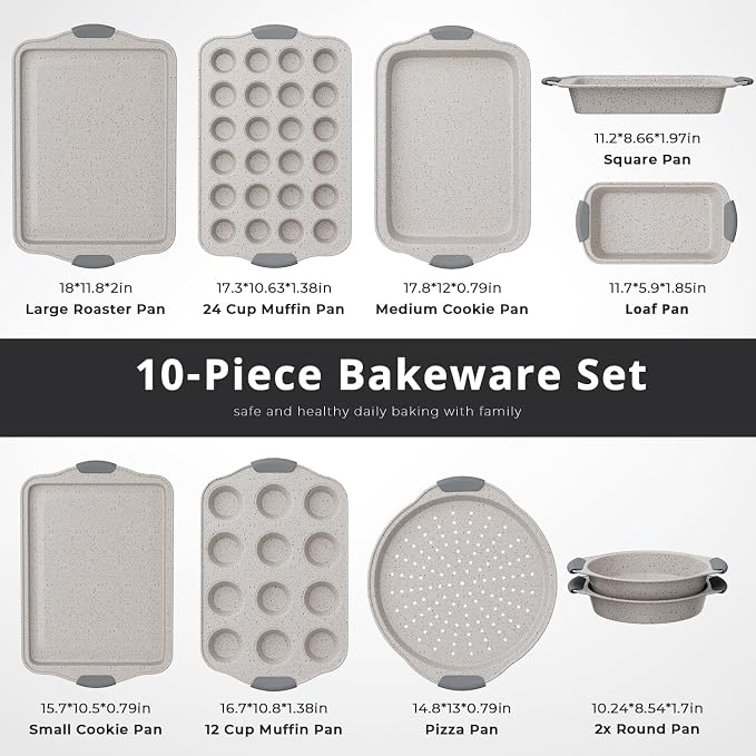 11-Piece Nonstick Bakeware Set – Stackable Baking Pans Include Cookie Sheets, Muffin Pan, Loaf Pan, Pizza Pan, Cake Pan & More – Oven Safe, Space-Saving Design, Gray & White