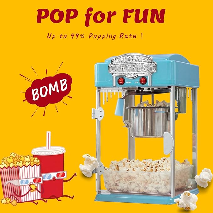 Popcorn Popper Machine-4 OZ Vintage Professional Popcorn Maker Theater Style with Nonstick Kettle Warming Light and Serving Scoop. (Blue)