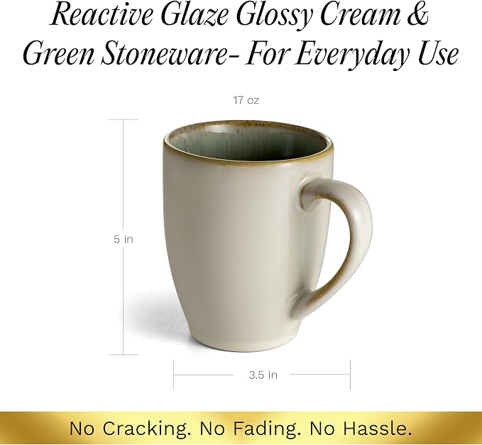 SANGO Resona Moss Stoneware Heat Resistant Coffee Mugs, Microwave and Oven Safe, 12 oz, White, 4 Count