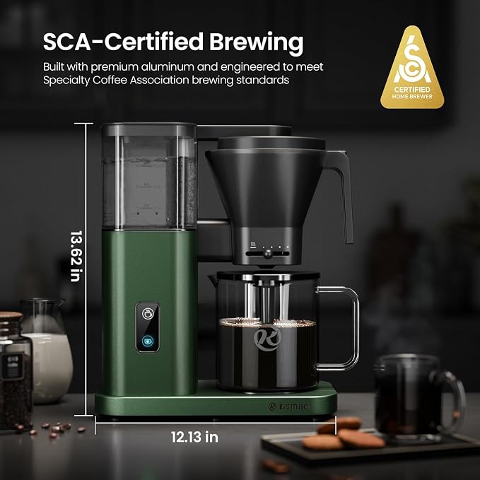 Kismile SCA-Certified 8 Cup Drip Coffee Maker, Pour Over Coffee Machine with 3s Instant Heat 197–205℉, Adjustable Flow Control, Removable Water Tank, Deep Cold Brew & 40 Min Keep Warm (Olive Green)