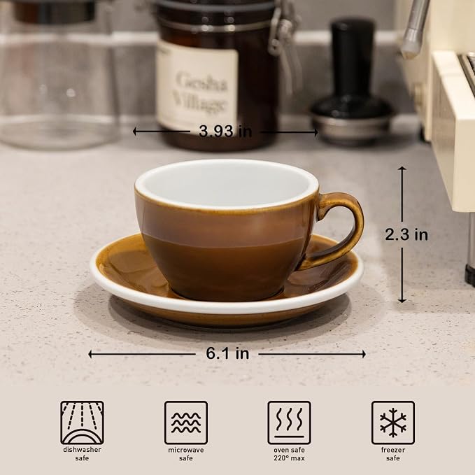 Loveramics Coffee Cup Ceramic, 8 oz Latte Art Cup with Saucer for Cappuccino, Tea, Espresso, Thick - walled stoneware Cappuccino mug Set for Cafe and Barista - Potters Colours (Caramel, 8OZ)