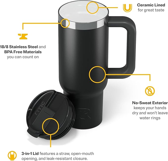 RTIC 30 oz Road Trip Tumbler Double-Walled Ceramic Lined InsulatedStainless Steel Portable Travel Coffee Mug Cup with Lid, Handle and Straw, Black