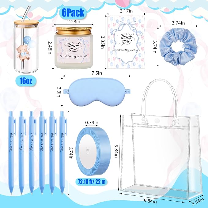 Reallnaive 43 Pcs Baby Shower Prizes for Player Winner Wedding Bridal Shower Favor Gifts Including Glass Cups Aromatherapy Candle Eye Mask Hair Band Greeting Card Pen Ribbon Gift Bag(Bear Style,Blue)