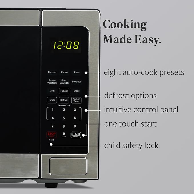 Farberware 1.1 Cu. Ft. Countertop Microwave Oven – 1000 Watts Power, Auto Cook Settings, Defrost, Easy Clean and Child Safety Lock - Stainless
