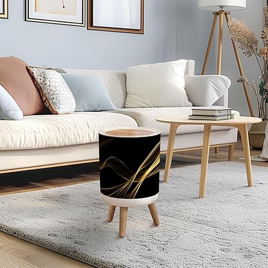 Trash Can with Lid Marble texture wall surface black gold ink graphic granite abstract Press Top Round Small Garbage Bin with Wooden Legs Waste Basket for Kitchen Bedroom Nursery 7L/1.8 Gallon
