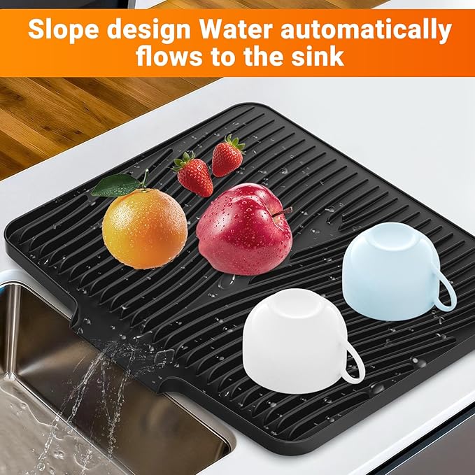 Silicone Dish Drying Mat for Kitchen Counter, Dish Drying Pad, Non-Slip Drain Pad with Built-in Drain, Heat Resistant Stone Drying Mat