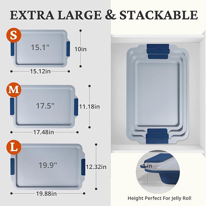BRONYPRO Non Stick Ceramic Baking Sheet Pan Set of 3, Non Toxic Cookie Sheets (PFAS/PFOA/PTFE Free), Aluminized Steel Oven Trays with Silicone Handles, Rust-Resistant, Warp-Resistant to 500°F, Navy