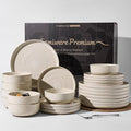 24-Piece Reactive Glaze Stoneware Dinnerware Sets for 8 - Coupe Plates & Bowls with Speckles & Spirals - Chip & Scratch Resistant, Microwave & Dishwasher Safe - Gift Box, Shell Beige