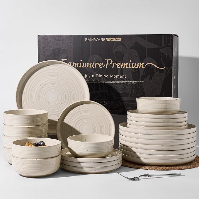 24-Piece Reactive Glaze Stoneware Dinnerware Sets for 8 - Coupe Plates & Bowls with Speckles & Spirals - Chip & Scratch Resistant, Microwave & Dishwasher Safe - Gift Box, Shell Beige