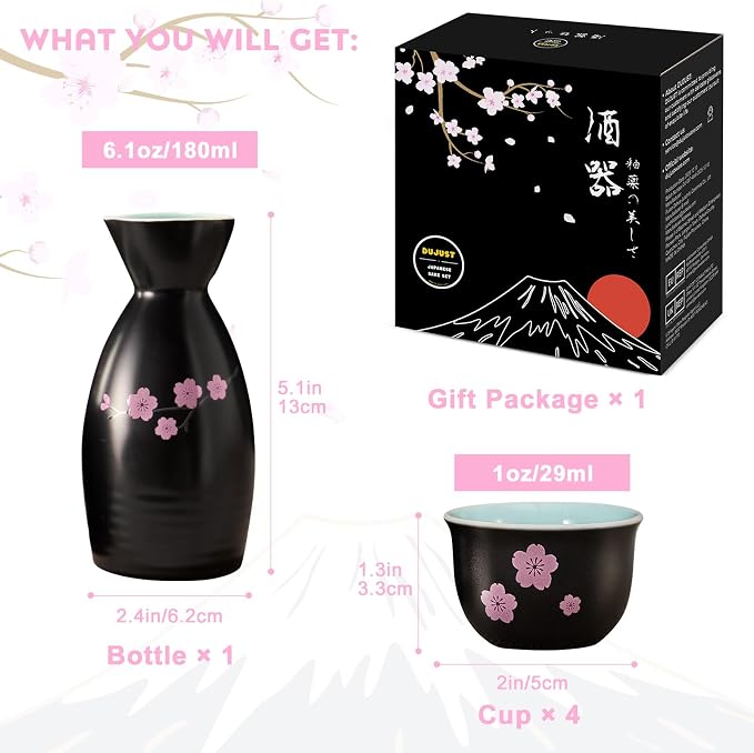 DUJUST 5 pcs Japanese Sake Set, Traditional Sakura Design Sake Serving Set, 1 Sake Bottle with 4 Sake Cups, Japanese Style Sake Set for Home/Party, Ideal Japanese Gifts for Sake Lovers - Black