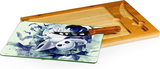 PICNIC TIME 910-00-505-214-11 Icon Glass Top Cutting Board & Knife Set, Cheese Board, Charcuterie Board 15.4 x 10.04 x 0.8 Disney Nightmare Before Christmas Jack & Zero - Parawood & Bamboo