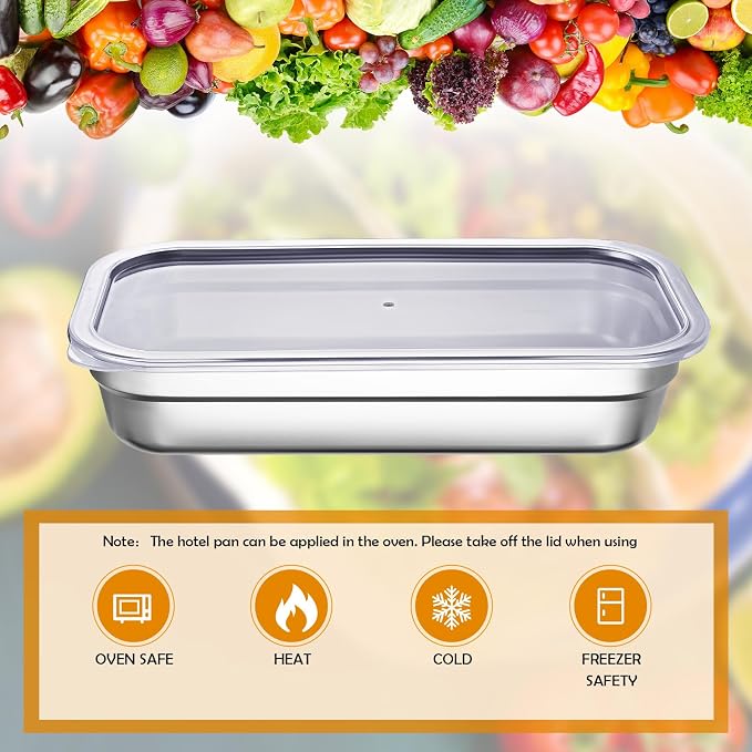 8 Pcs 304 Stainless Steel Food Storage Containers with Lids 1/3 Size Hotel Pan Chicken Food Grade Pans Metal Meal Containers for Restaurant Stackable Kitchen Freezer Buffet(2.5 Inch Deep)