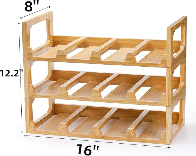 Pumtus 3 Tier Bamboo Water Bottle Organizer, Stackable Bottle Storage Rack, Tumbler Shelf Organizer, Wine Bottle Holder, Drinking Cup Display Rack for Cabinet Kitchen Cupboard, Hold 12 Bottles